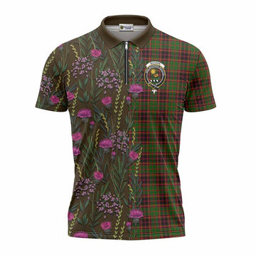 Buchan Family Crest Tartan Zipper Polo Shirt Scottish Thistle Flower Pattern Half Style