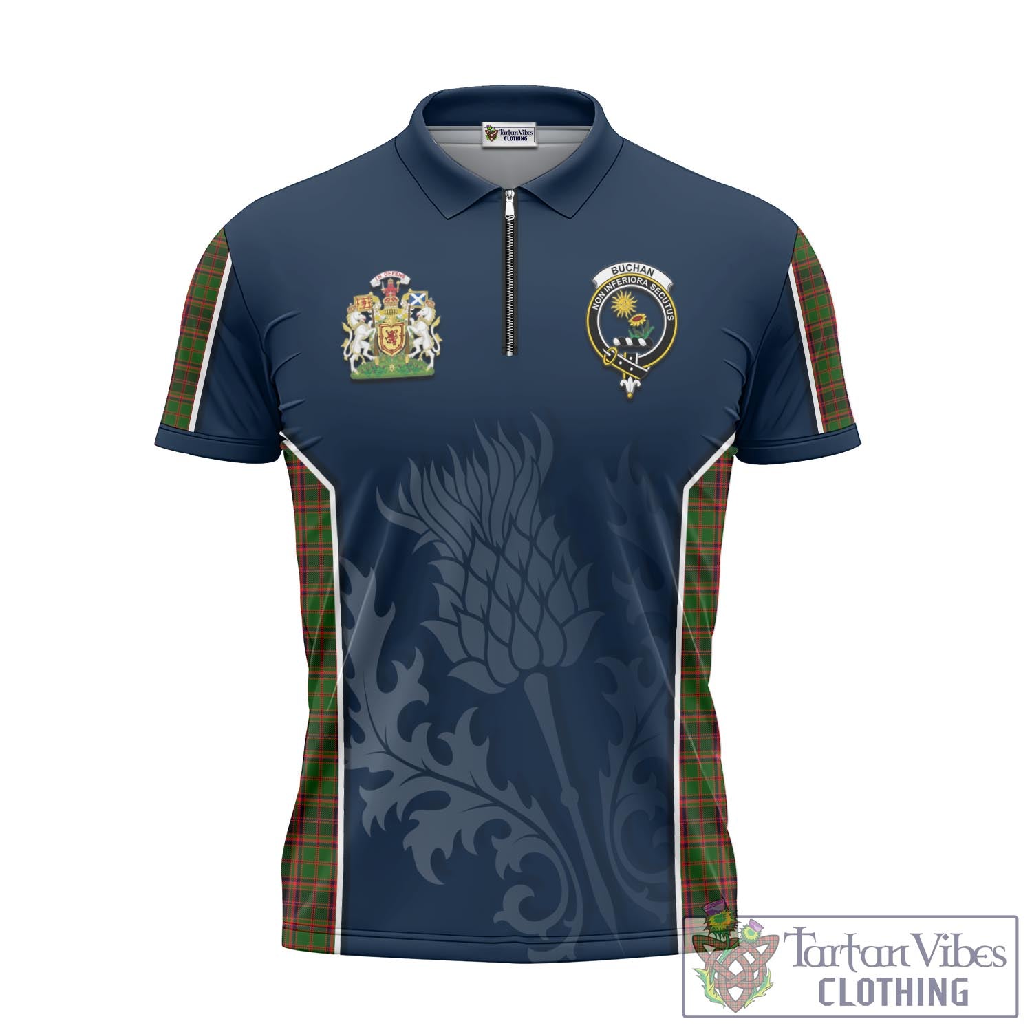 Tartan Vibes Clothing Buchan Modern Tartan Zipper Polo Shirt with Family Crest and Scottish Thistle Vibes Sport Style