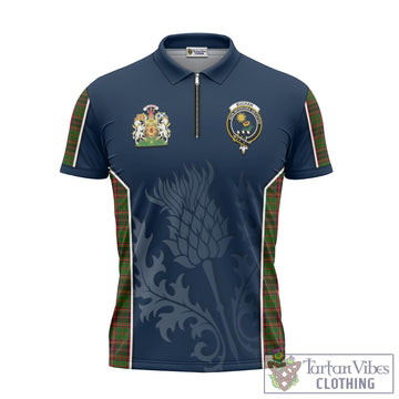 Buchan Modern Tartan Zipper Polo Shirt with Family Crest and Scottish Thistle Vibes Sport Style