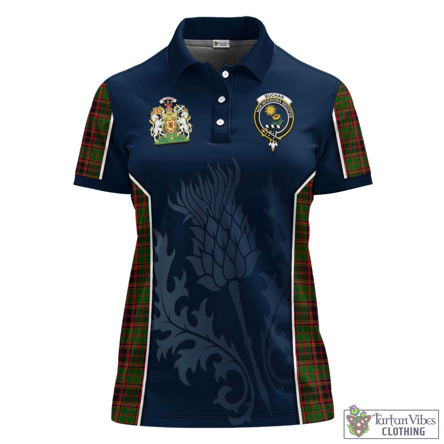 Tartan Vibes Clothing Buchan Modern Tartan Women's Polo Shirt with Family Crest and Scottish Thistle Vibes Sport Style