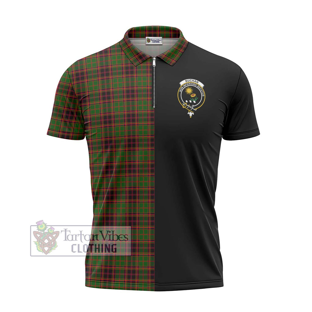 Buchan Tartan Zipper Polo Shirt with Family Crest and Half Of Me Style - Tartanvibesclothing Shop