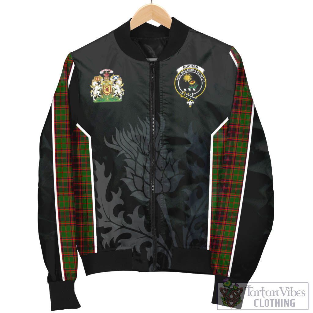 Tartan Vibes Clothing Buchan Modern Tartan Bomber Jacket with Family Crest and Scottish Thistle Vibes Sport Style