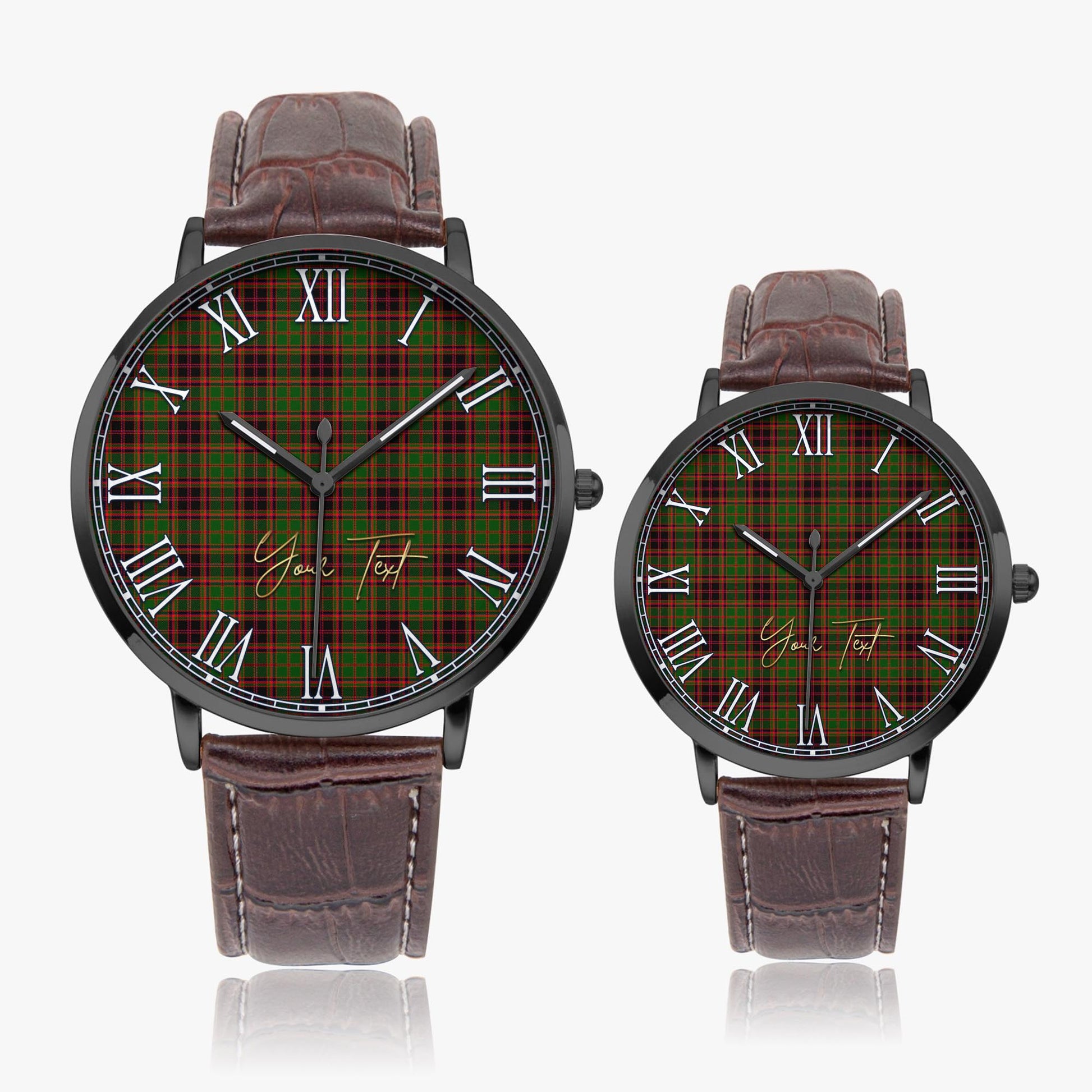 Buchan Modern Tartan Personalized Your Text Leather Trap Quartz Watch Ultra Thin Black Case With Brown Leather Strap - Tartanvibesclothing
