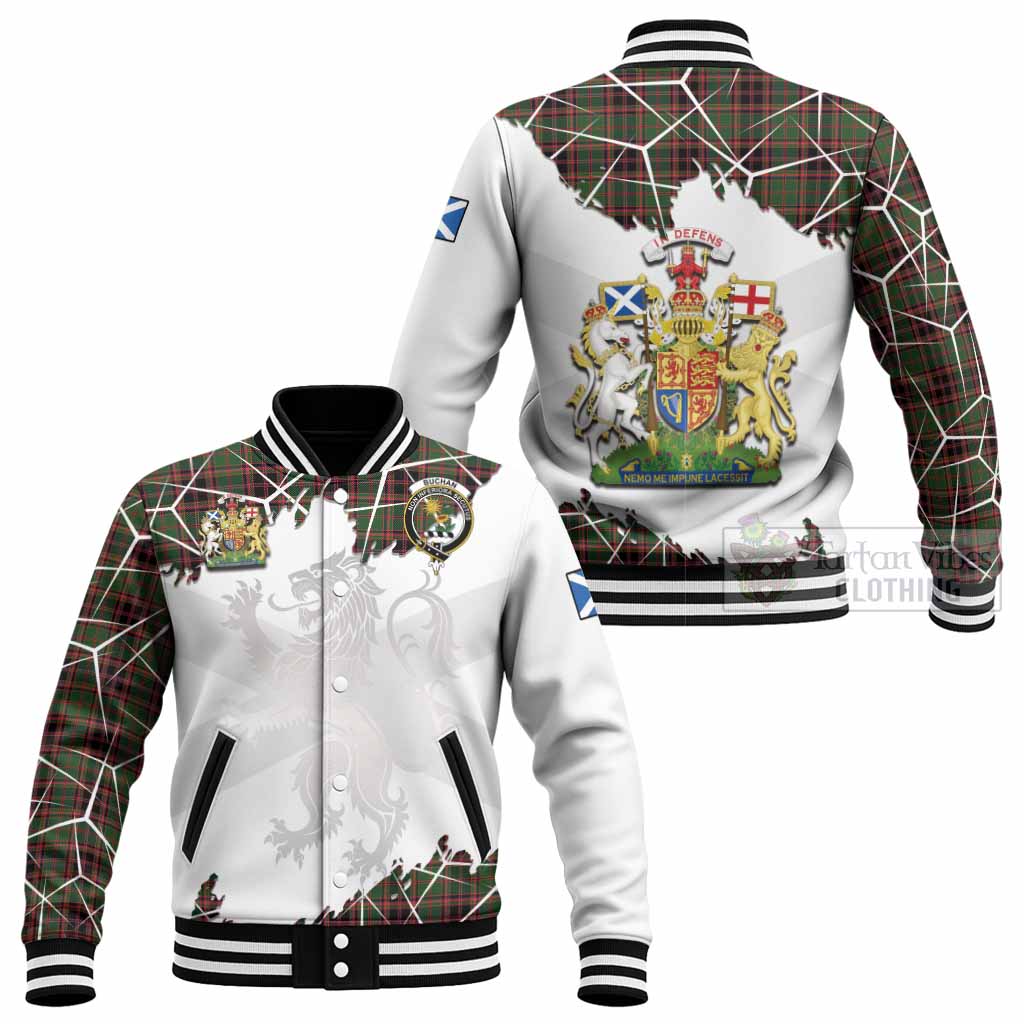 Buchan Tartan Baseball Jacket with Family Crest and Lion Rampant Grunge Style