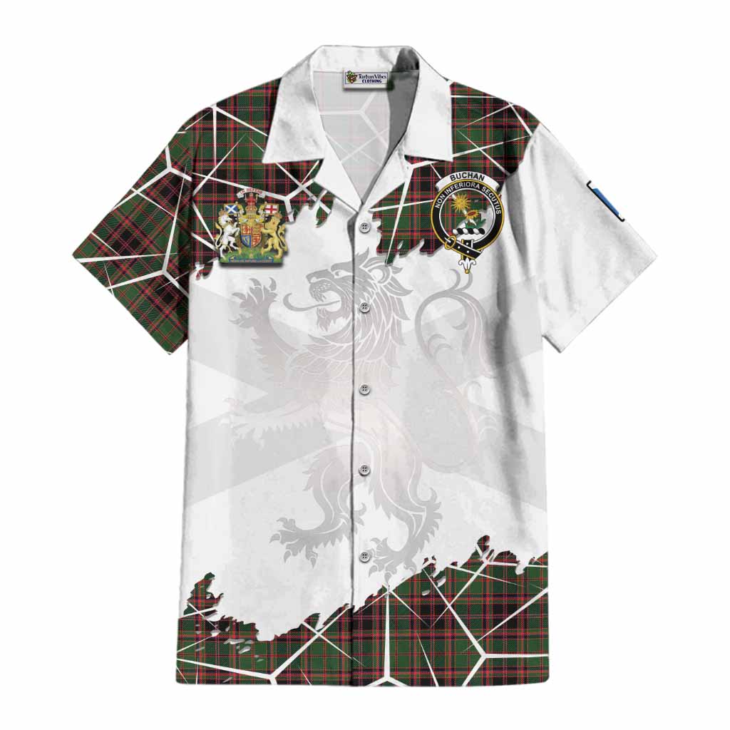 Buchan Tartan Cotton Hawaiian Shirt with Family Crest and Lion Rampant Grunge Style