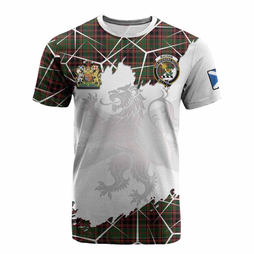 Buchan Tartan Cotton T-shirt with Family Crest and Lion Rampant Grunge Style