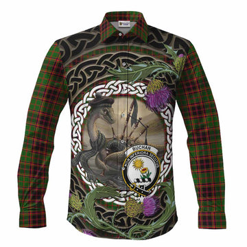 Buchan Tartan Crest Bagpipe Nessie Long Sleeve Button Shirts Scottish Loch Ness Monster Celtic Thistle