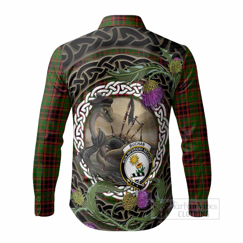 Buchan Tartan Crest Bagpipe Nessie Long Sleeve Button Shirts Scottish Loch Ness Monster Celtic Thistle
