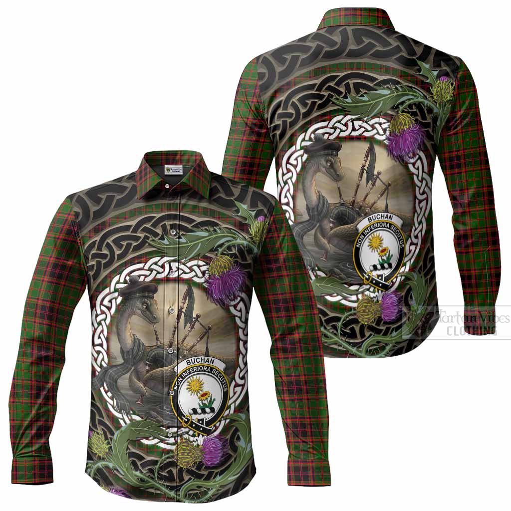 Buchan Tartan Crest Bagpipe Nessie Long Sleeve Button Shirts Scottish Loch Ness Monster Celtic Thistle
