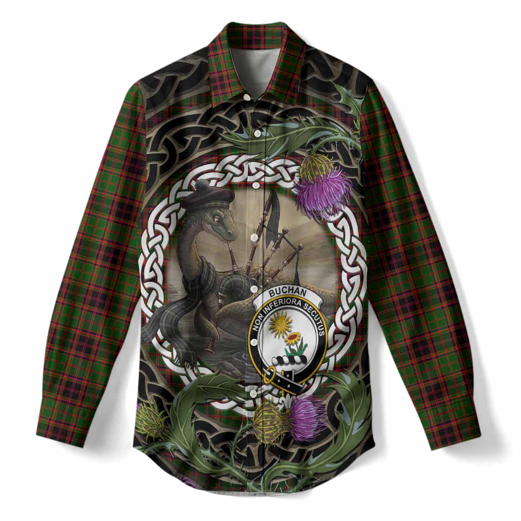 Buchan Tartan Crest Bagpipe Nessie Women Casual Shirt Scottish Loch Ness Monster Celtic Thistle