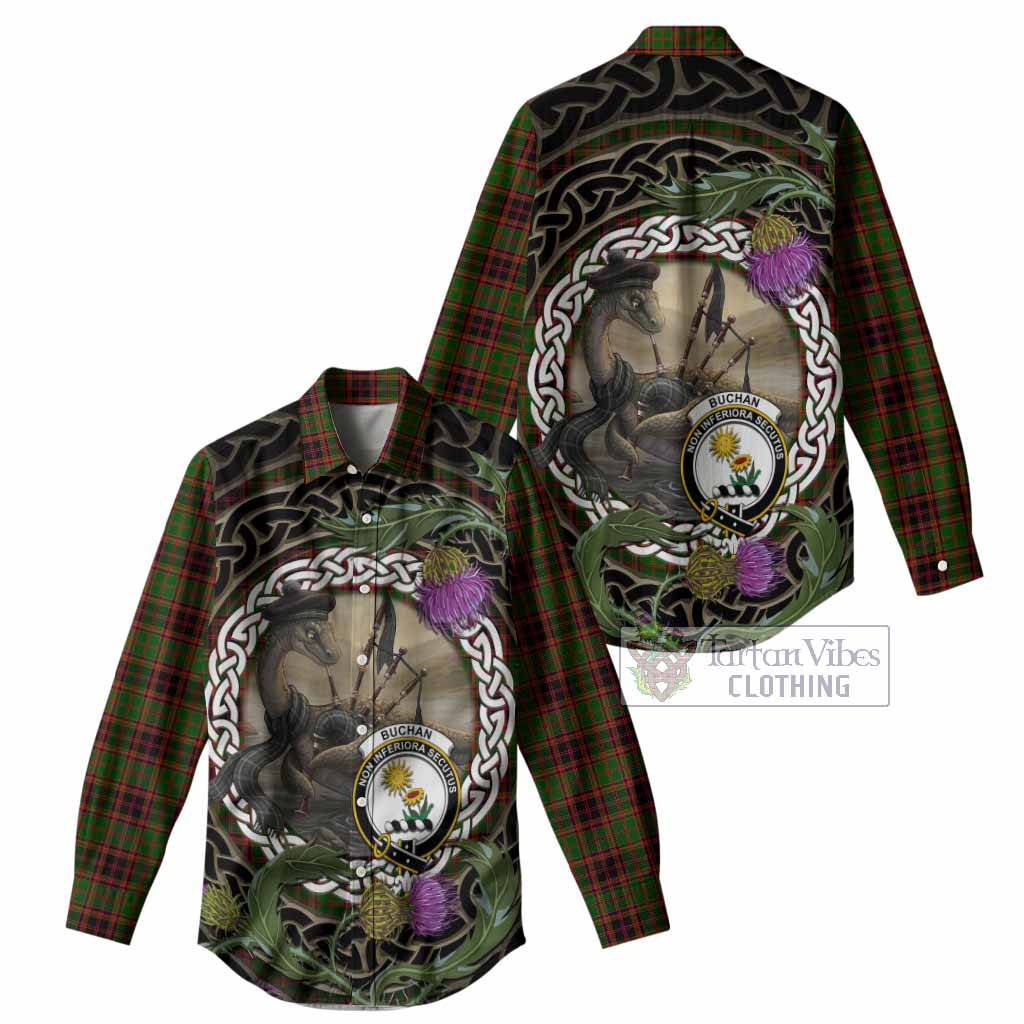 Buchan Tartan Crest Bagpipe Nessie Women Casual Shirt Scottish Loch Ness Monster Celtic Thistle