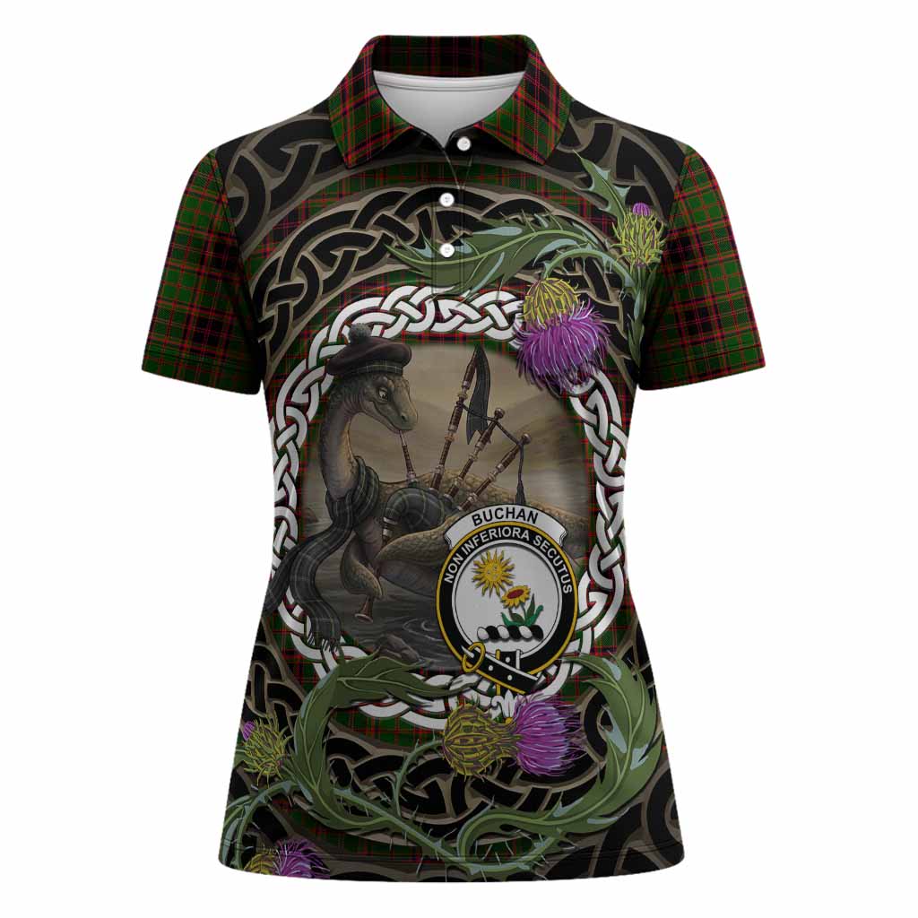 Buchan Tartan Crest Bagpipe Nessie Women Polo Shirt Scottish Loch Ness Monster Celtic Thistle