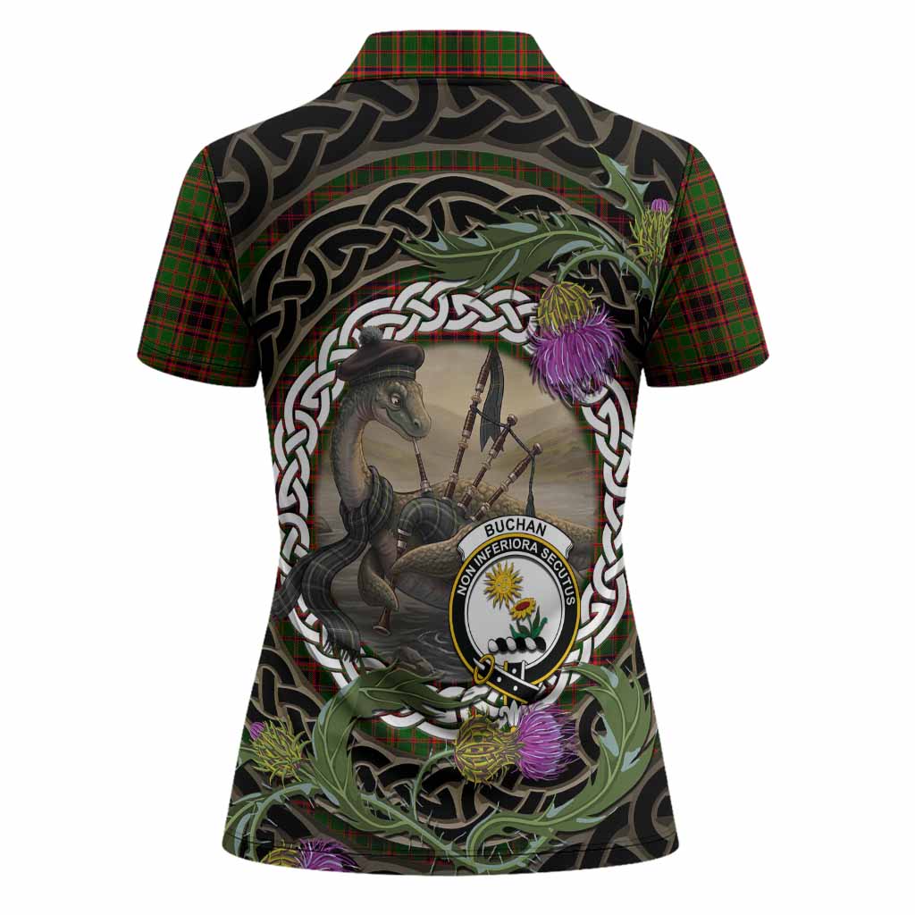 Buchan Tartan Crest Bagpipe Nessie Women Polo Shirt Scottish Loch Ness Monster Celtic Thistle