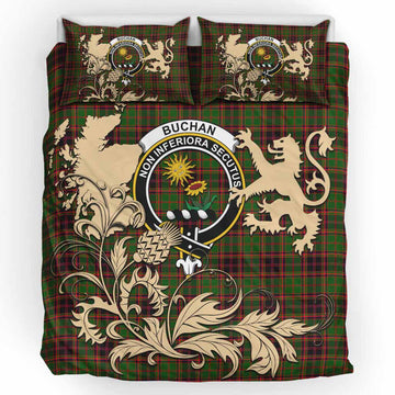 Buchan Tartan Crest Bedding Set with Scottish Iconic Symbols 