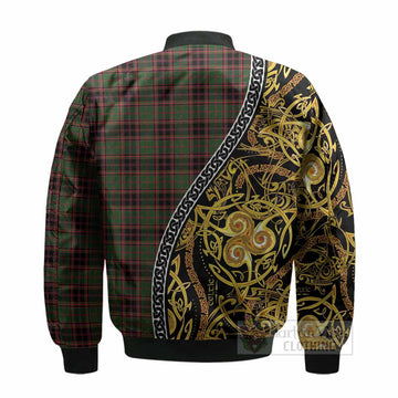 Buchan Tartan Crest Bomber Jacket Celtic Knot and Triple Trickle Spiral Symbols