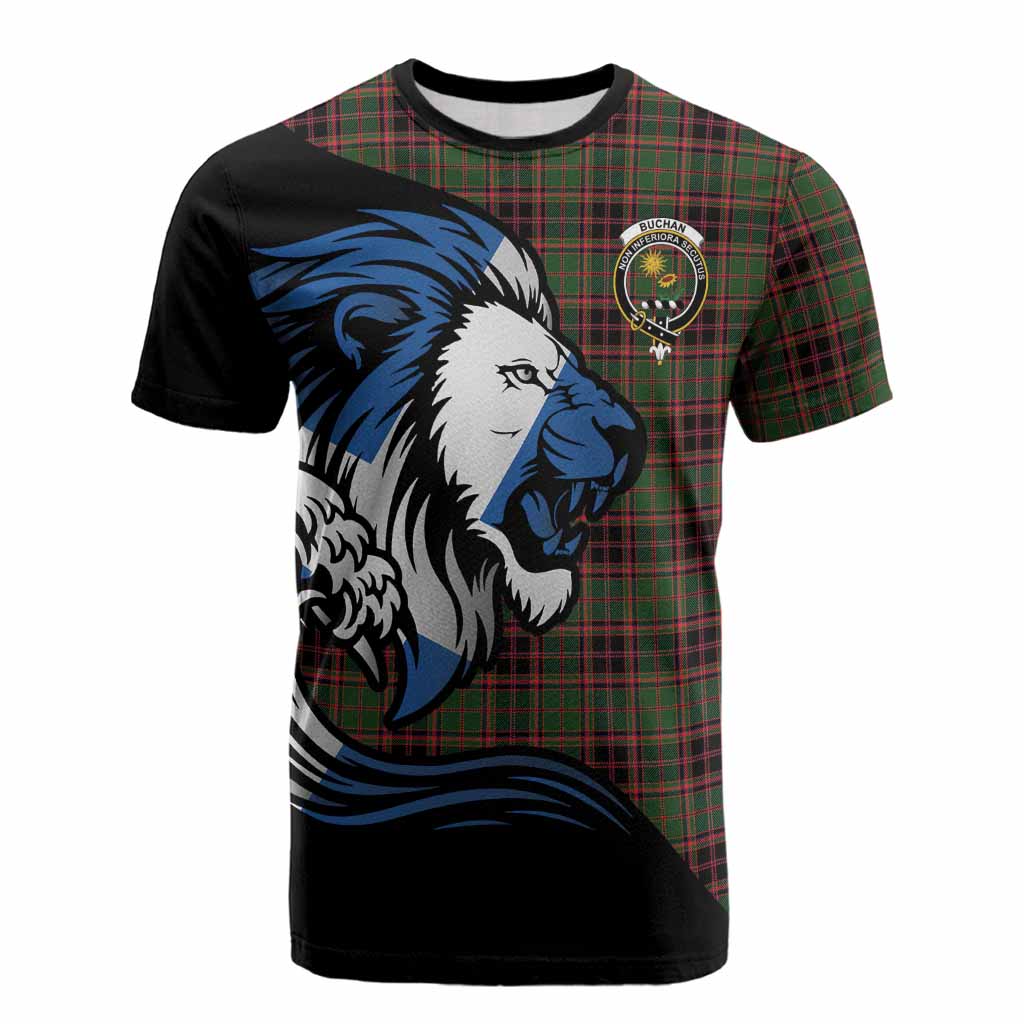 Buchan Tartan Crest Cotton T-shirt Scottish Golden Lions Wave Flow