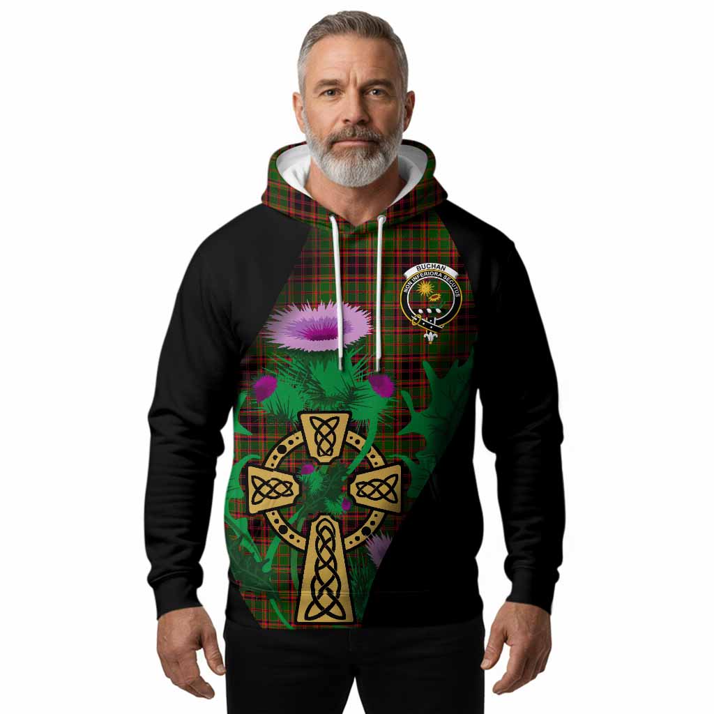 Buchan Tartan Crest Hoodie Celtic Cross Thistle Flowers