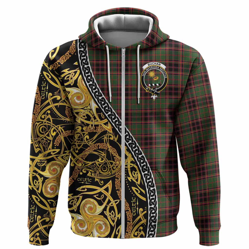 Buchan Tartan Crest Hoodie Celtic Knot and Triple Trickle Spiral Symbols