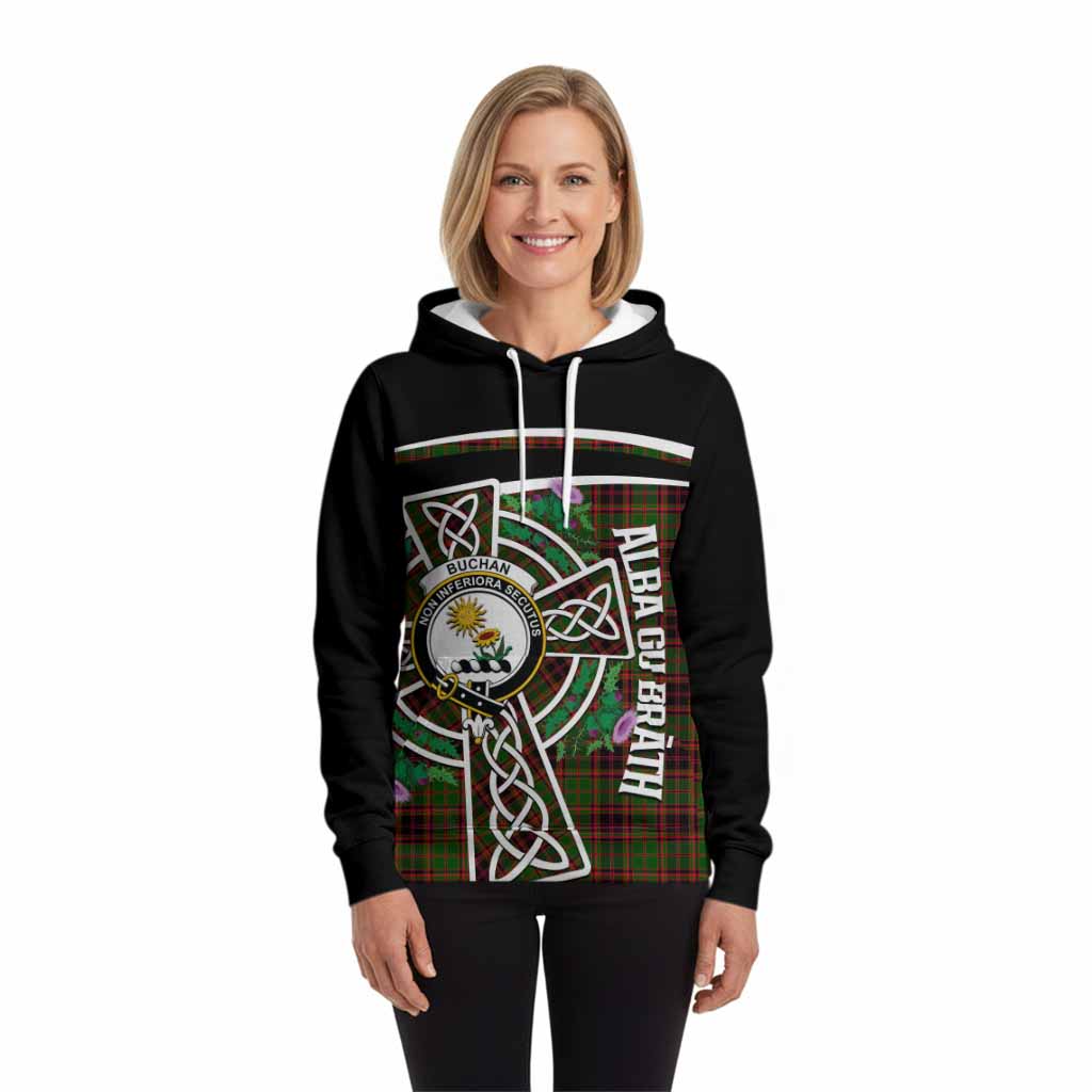 Buchan Tartan Crest Hoodie Scottish Thistle Celtic Cross Alba Gu Brath
