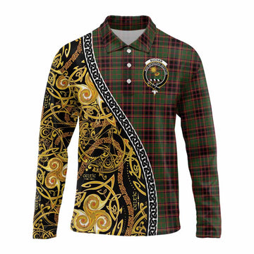 Buchan Tartan Crest Long Sleeve Polo Shirt Celtic Knot and Triple Trickle Spiral Symbols