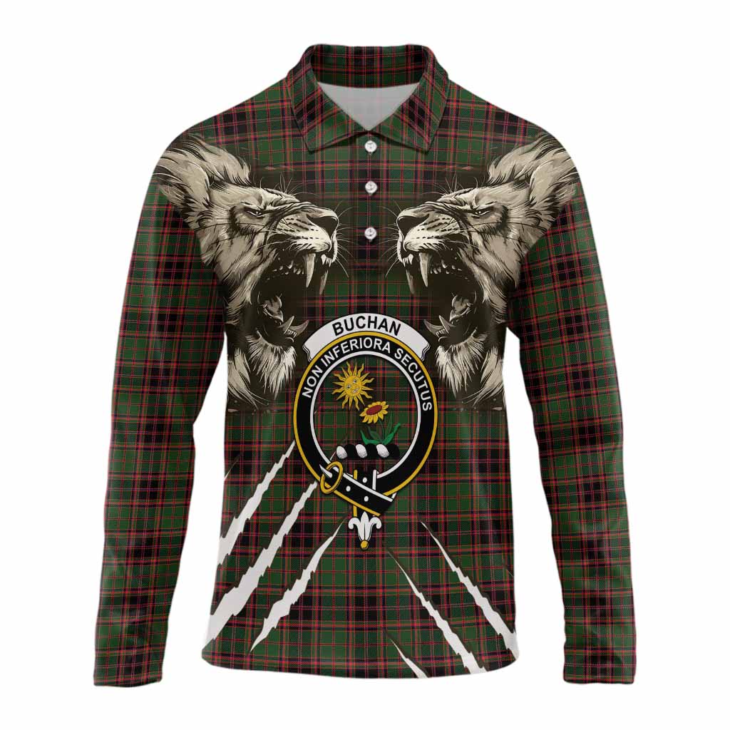 Buchan Tartan Crest Long Sleeve Polo Shirt Ferocious Lion Style