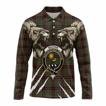 Buchan Tartan Crest Long Sleeve Polo Shirt Ferocious Lion Style