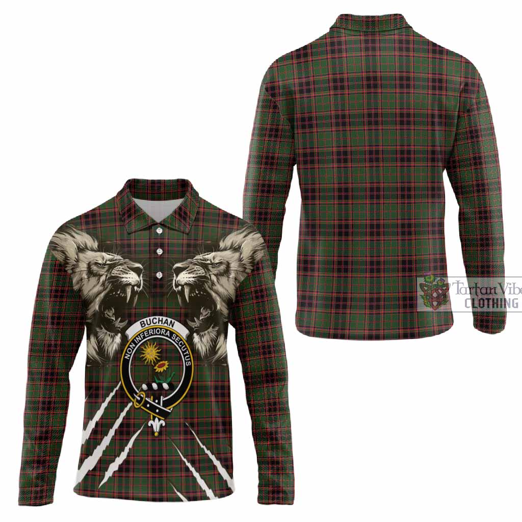 Buchan Tartan Crest Long Sleeve Polo Shirt Ferocious Lion Style
