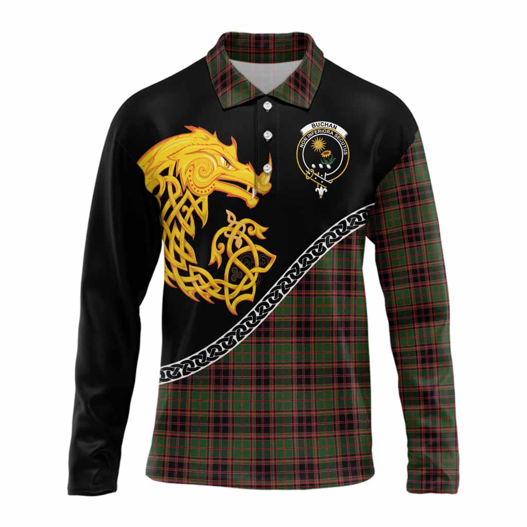Buchan Tartan Crest Long Sleeve Polo Shirt Legendary Dragon Knot Half Style