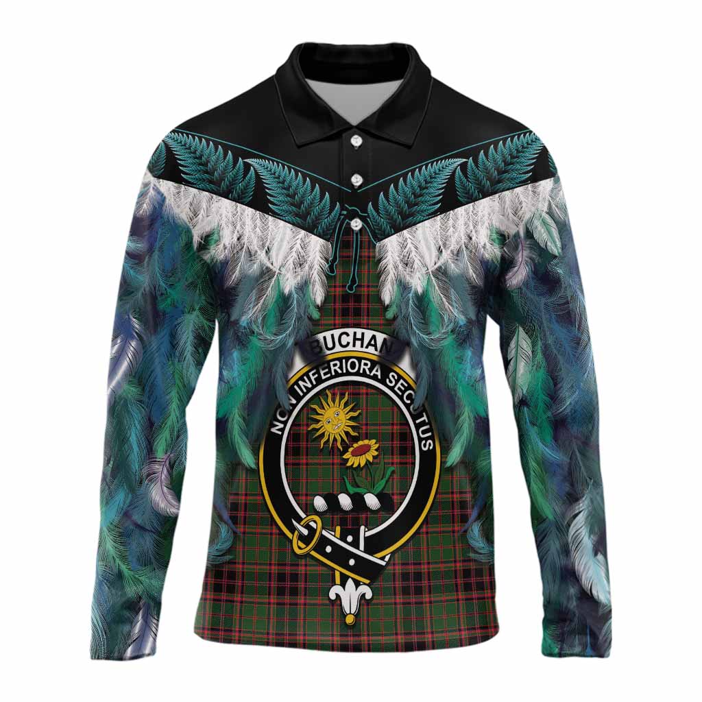 Buchan Tartan Crest Long Sleeve Polo Shirt New Zealand Maori Korowai Cloak