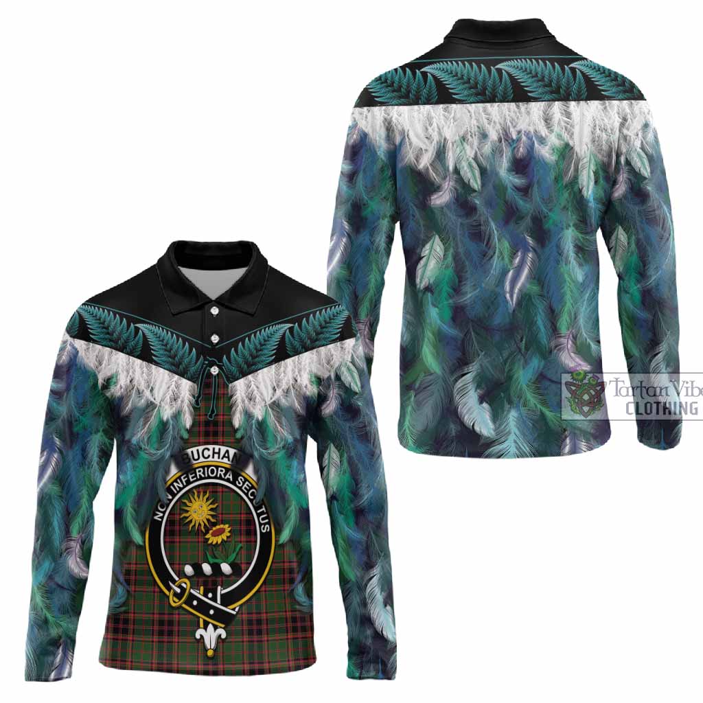 Buchan Tartan Crest Long Sleeve Polo Shirt New Zealand Maori Korowai Cloak