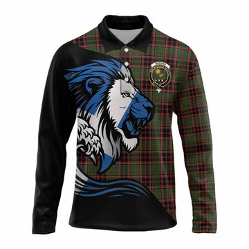 Buchan Tartan Crest Long Sleeve Polo Shirt Scottish Golden Lions Wave Flow