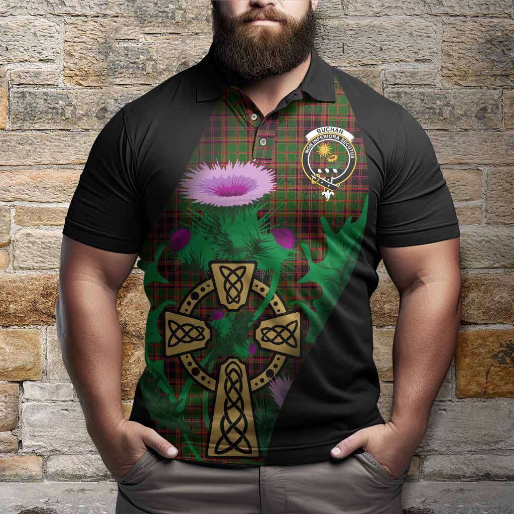 Buchan Tartan Crest Polo Shirt Celtic Cross Thistle Flowers