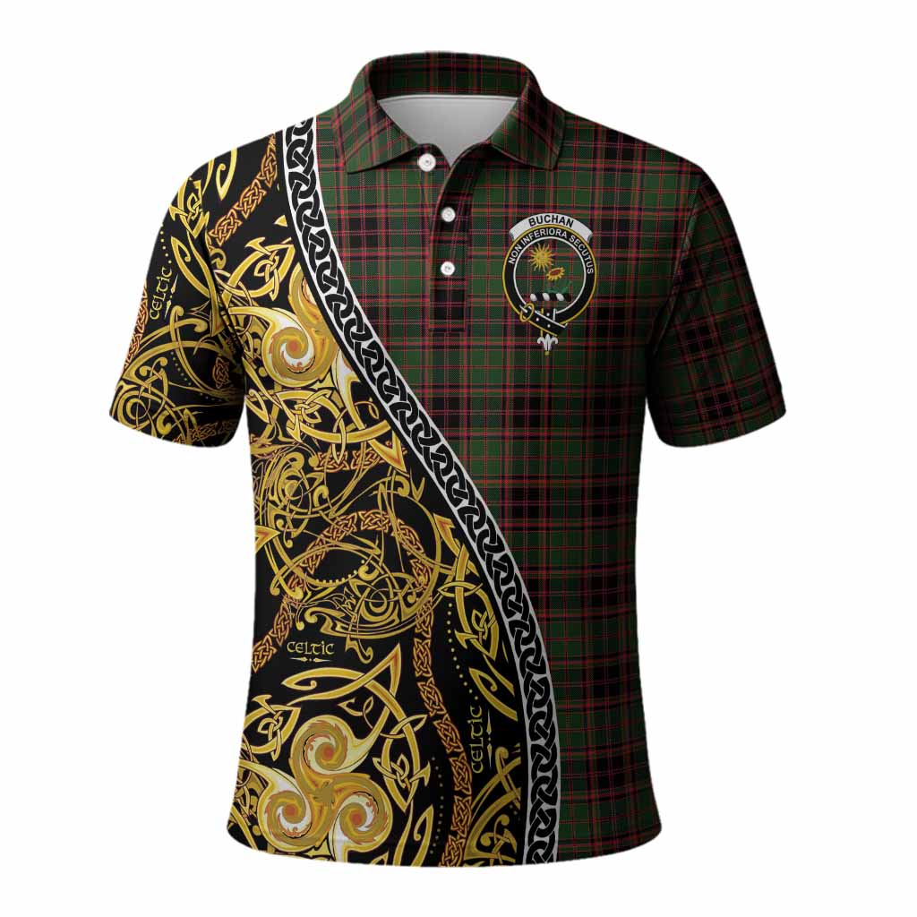 Buchan Tartan Crest Polo Shirt Celtic Knot and Triple Trickle Spiral Symbols