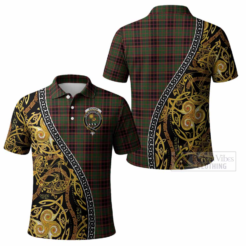 Buchan Tartan Crest Polo Shirt Celtic Knot and Triple Trickle Spiral Symbols