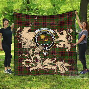 Buchan Tartan Crest Premium Quilt with Scottish Iconic Symbols 