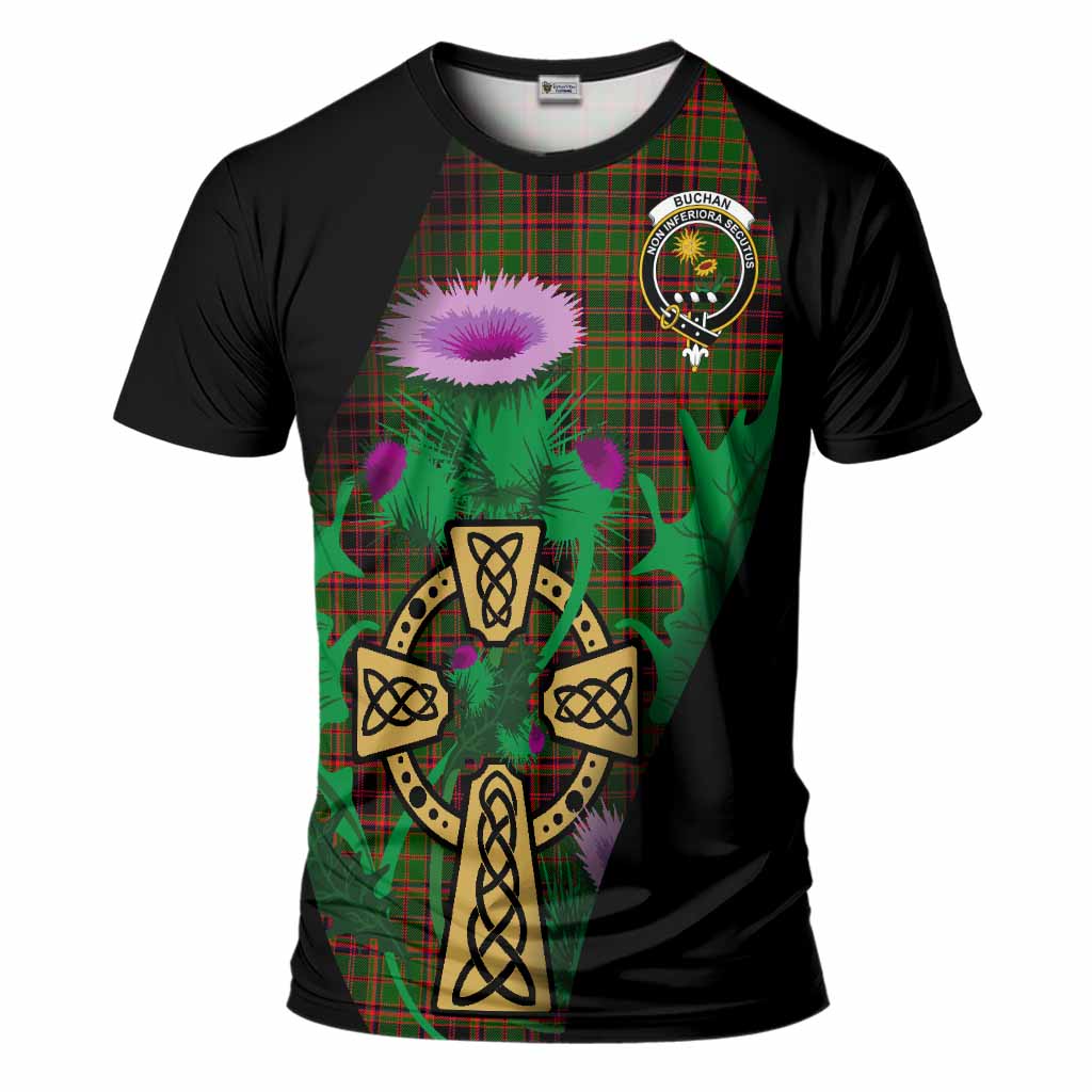 Buchan Tartan Crest T-Shirt Celtic Cross Thistle Flowers