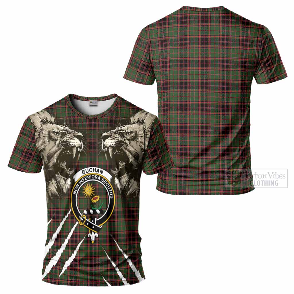 Buchan Tartan Crest T-Shirt Ferocious Lion Style