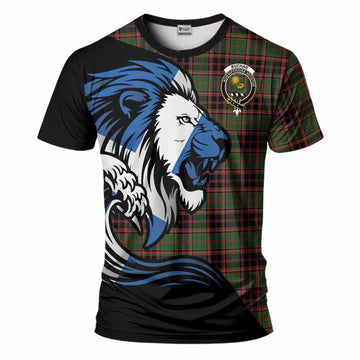 Buchan Tartan Crest T-Shirt Scottish Golden Lions Wave Flow