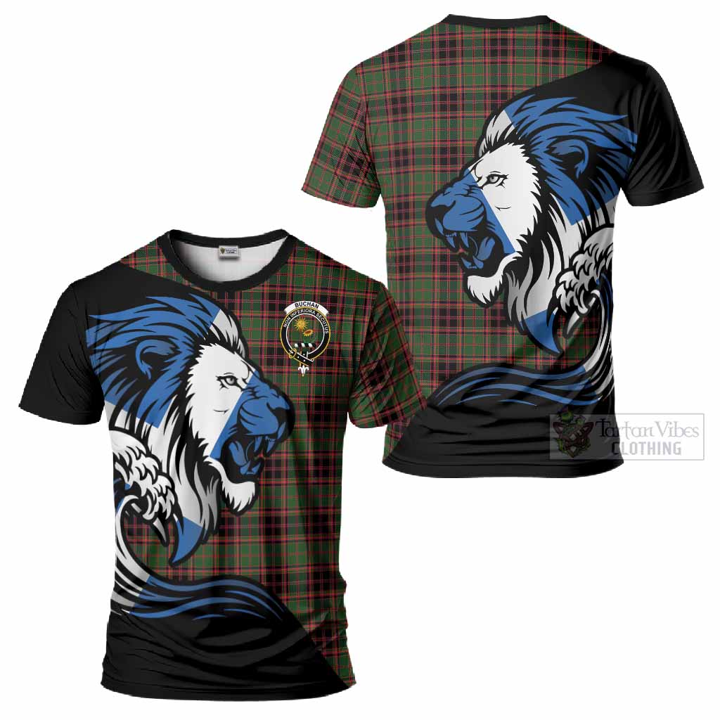 Buchan Tartan Crest T-Shirt Scottish Golden Lions Wave Flow