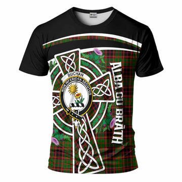 Buchan Tartan Crest T-Shirt Scottish Thistle Celtic Cross Alba Gu Brath