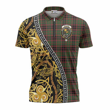 Buchan Tartan Crest Zipper Polo Shirt Celtic Knot and Triple Trickle Spiral Symbols
