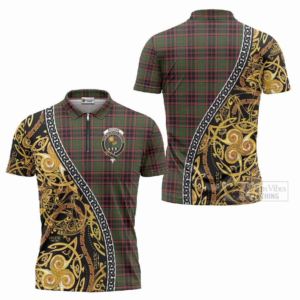 Buchan Tartan Crest Zipper Polo Shirt Celtic Knot and Triple Trickle Spiral Symbols
