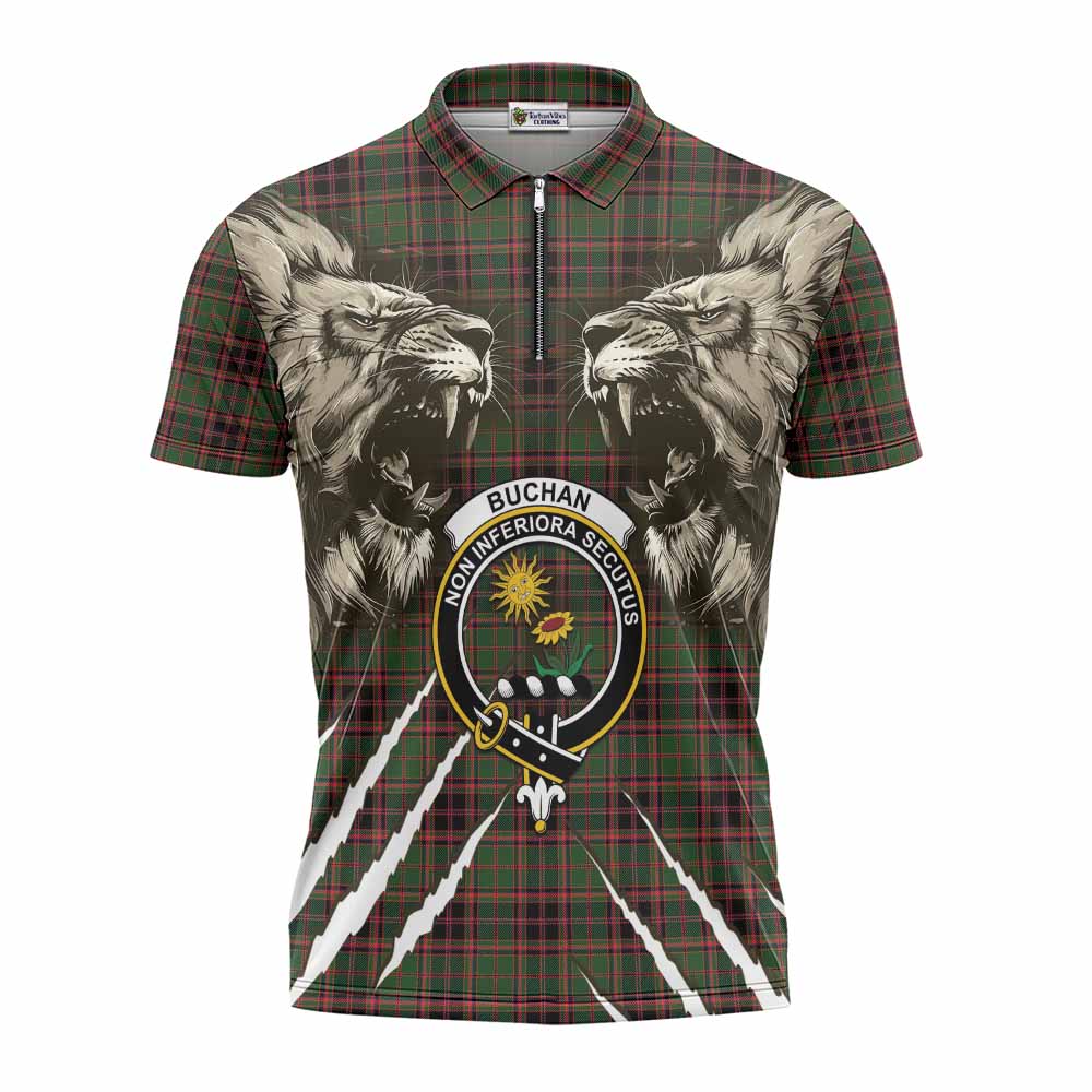 Buchan Tartan Crest Zipper Polo Shirt Ferocious Lion Style
