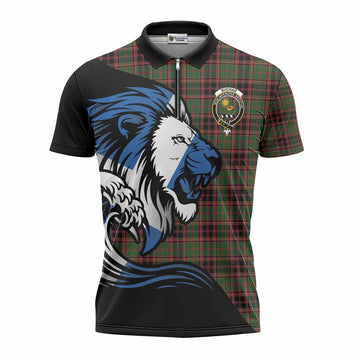 Buchan Tartan Crest Zipper Polo Shirt Scottish Golden Lions Wave Flow