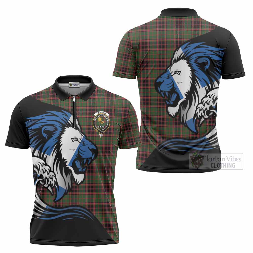 Buchan Tartan Crest Zipper Polo Shirt Scottish Golden Lions Wave Flow