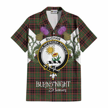 Buchan Tartan Family Crest Cotton Hawaiian Shirt Scottish Burns Night Thistle Floral