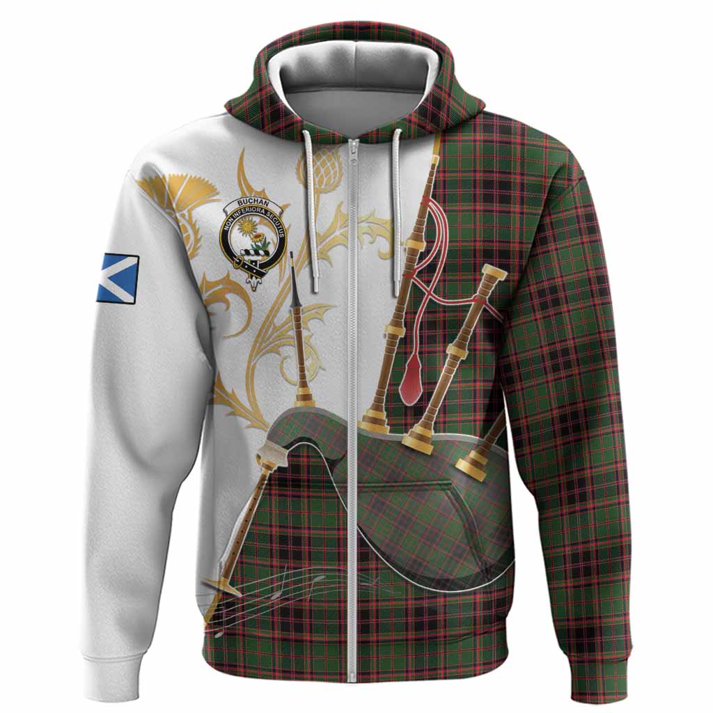Buchan Tartan Family Crest Hoodie Bagpipes with Scottish Thistle
