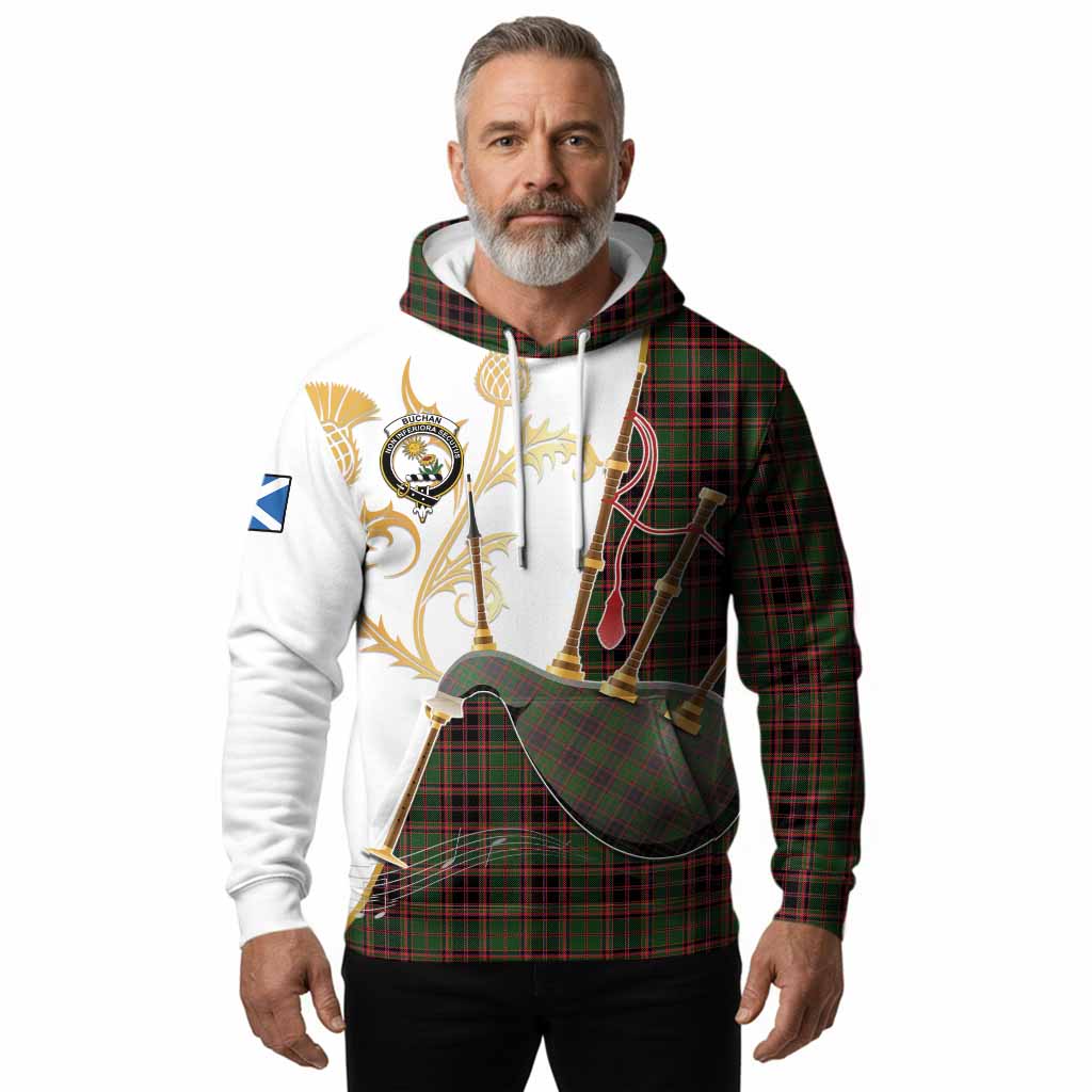 Buchan Tartan Family Crest Hoodie Bagpipes with Scottish Thistle