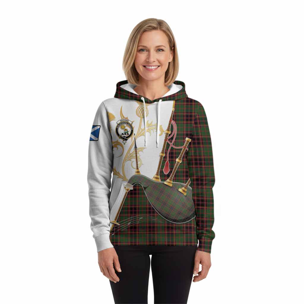 Buchan Tartan Family Crest Hoodie Bagpipes with Scottish Thistle