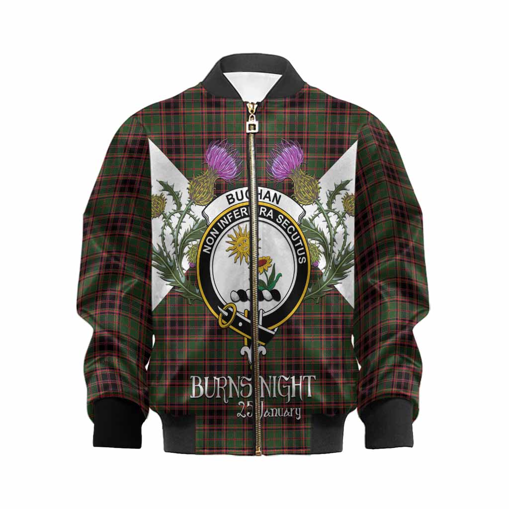 Buchan Tartan Family Crest Kid Bomber Jacket Scottish Burns Night Thistle Floral